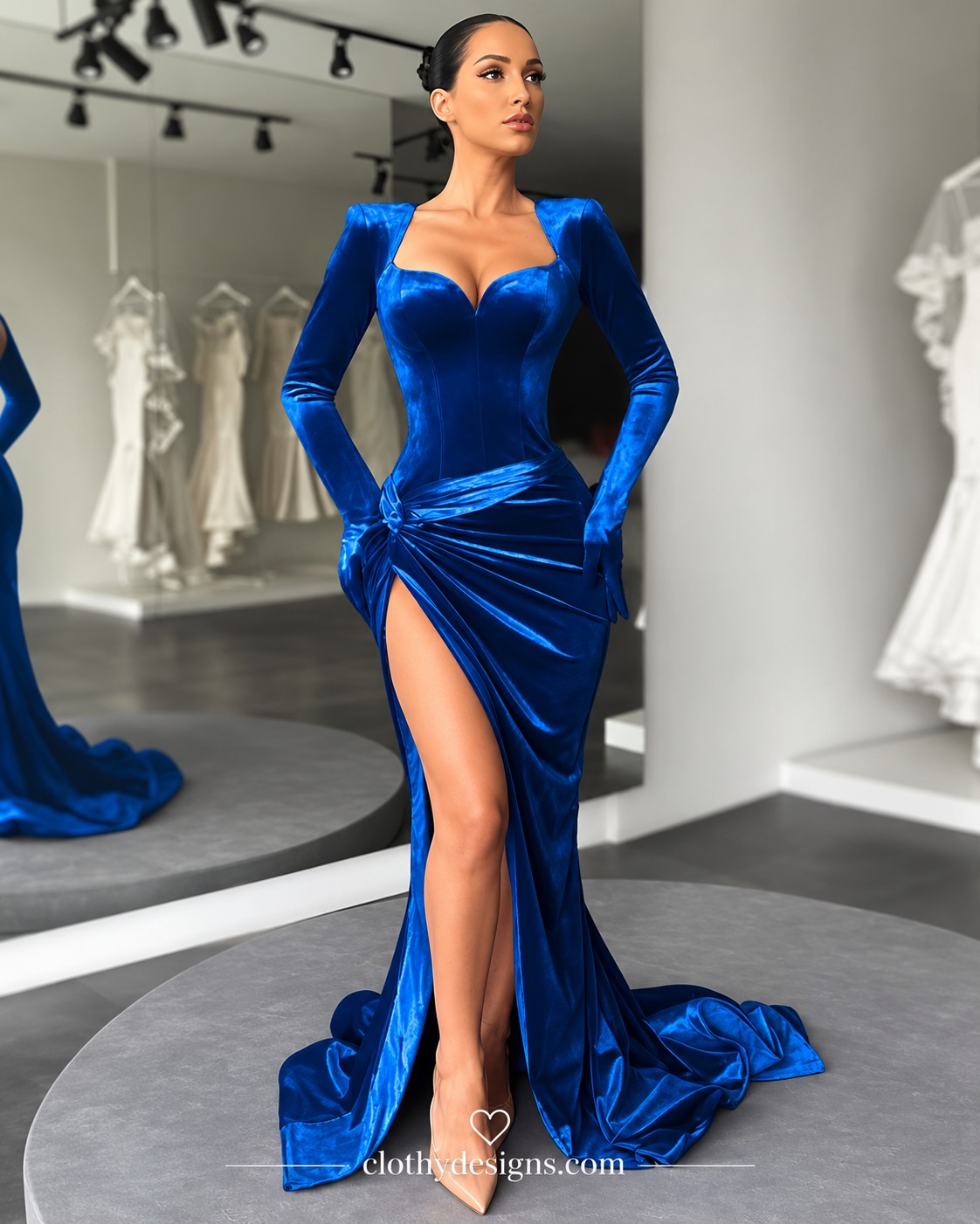 Women's Elegant Velvet Maxi Dress – Ruched Evening Gown with Slit, Long Sleeves & Glamorous Club Style